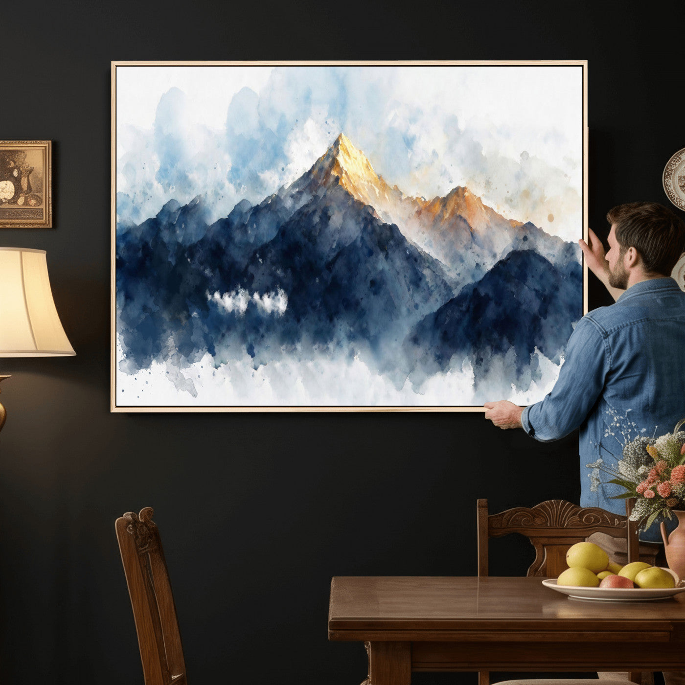 62076449DG1-MGV-CV-36X24 - Abstract Watercolor Mountain Lake Wall Art Print for Living Room Decor