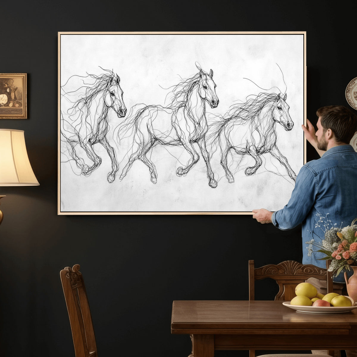 53600119-MGV-CV-36X24 - Monochrome Horse Canvas Wall Art, Black Ink Sketch Wild Horses Print, Minimalist Equestrian Artwork, Modern Abstract Line Decor, Urban Loft Gift