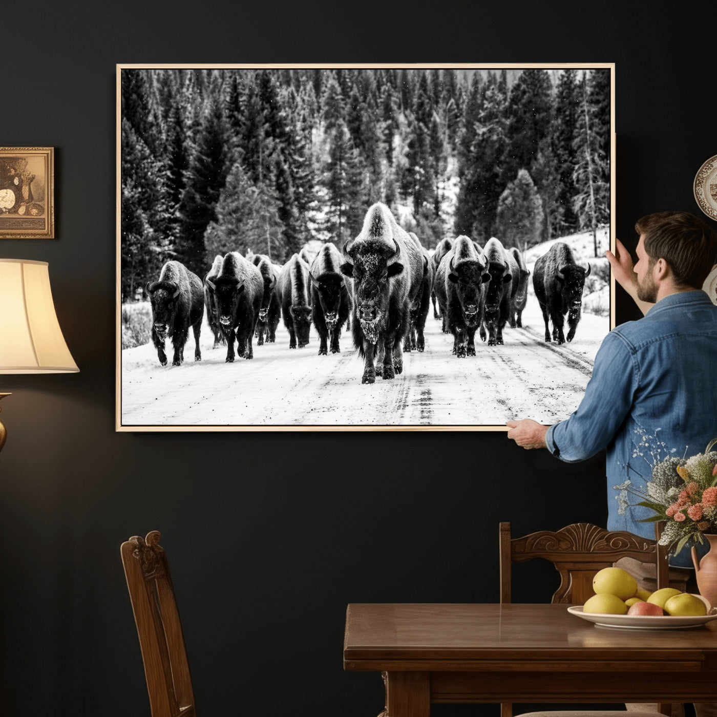79337077-MGV-CV-36X24 - Black and White Bison Canvas Art, American Buffalo Print, Winter Wildlife Photography, Rustic Forest Wall Decor, Large Statement Nature Gift
