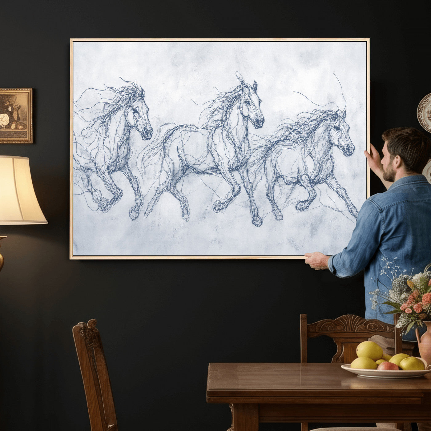 41163601-MGV-CV-36X24 - Indigo Blue Horse Line Art Canvas, Steel Grey Wild Horses Print, Abstract Navy Scribble Artwork, Modern Slate Equine Wall Decor, Coastal Ranch Gift