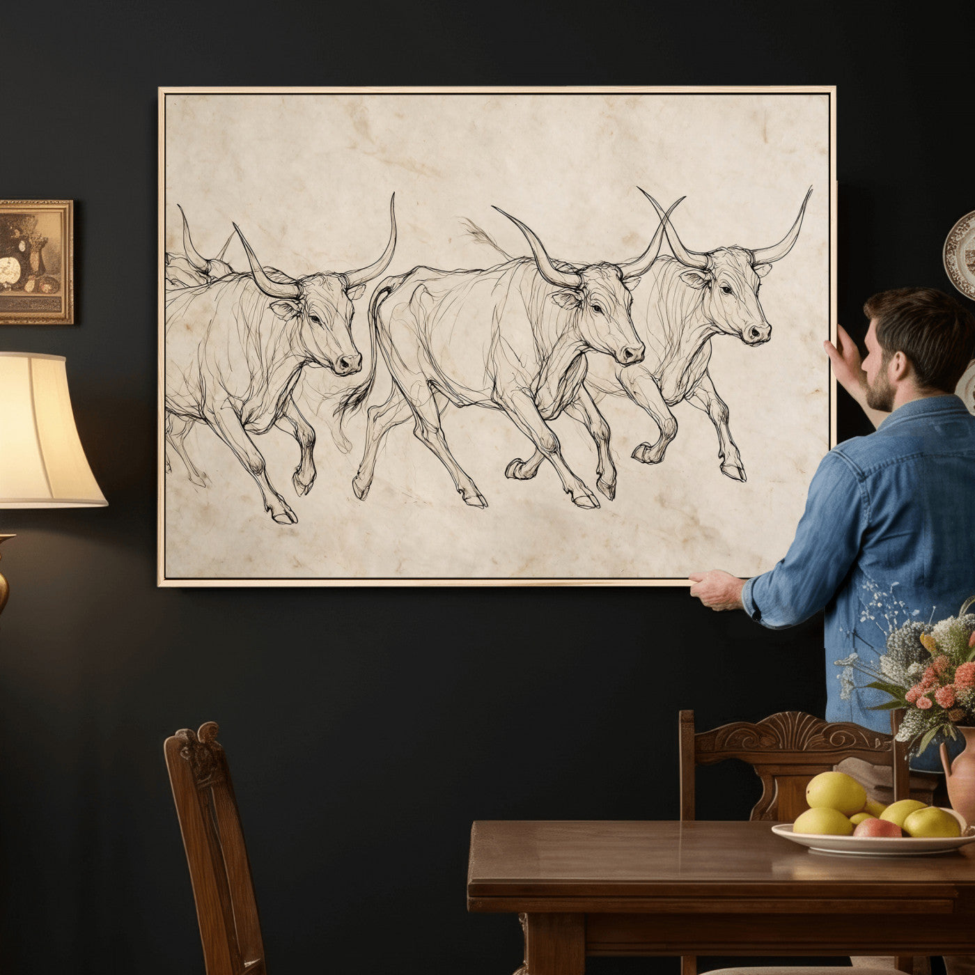 87177621-MGV-CV-36X24 - Minimalist Longhorn Line Art, Modern Texas Bull Canvas Print, Abstract Western Wall Decor, Continuous Line Artwork, Black White Ranch Gift