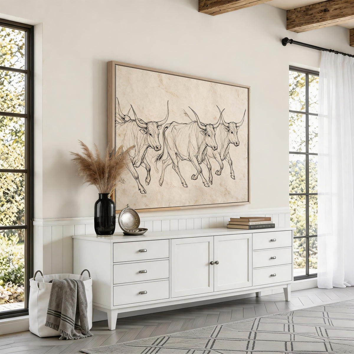 87177621-MGV-CV-36X24 - Minimalist Longhorn Line Art, Modern Texas Bull Canvas Print, Abstract Western Wall Decor