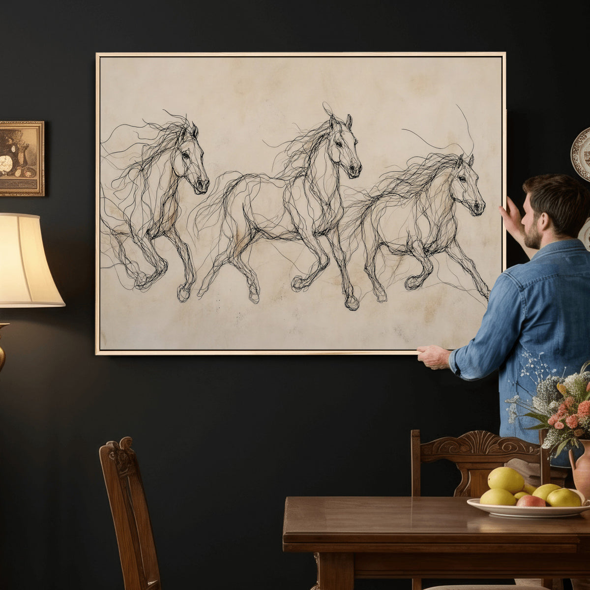 81051673-MGV-CV-36X24 - Abstract Horse Line Art Canvas, Gesture Sketch Wild Horses Print, Modern Scribble Artwork, Minimalist Equine Wall Decor, Rustic Studio Gift