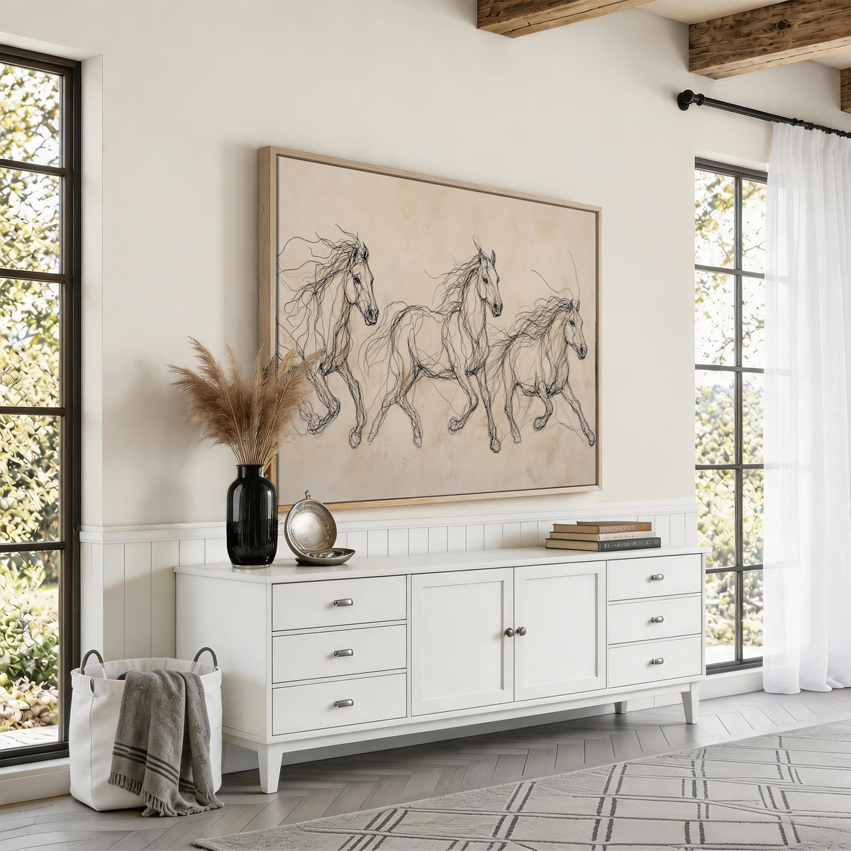 81051673-MGV-CV-36X24 - Abstract Horse Line Art Canvas, Gesture Sketch Wild Horses Print, Minimalist Equine Decor