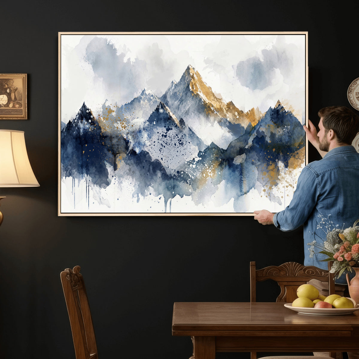 87460616-MGV-CV-36X24 - Abstract Mountain Canvas Wall Art, Blue Gold Foil Landscape Print, Modern Indigo Watercolor Poster, Large Abstract Nature, Luxury Office Gift