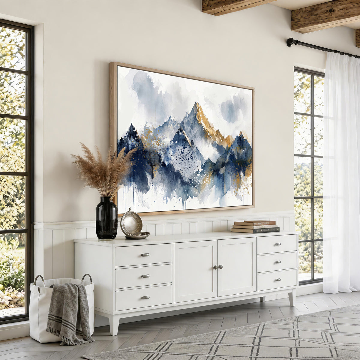 87460616-MGV-CV-36X24 - Abstract Mountain Canvas Wall Art, Blue Gold Foil Landscape Print, Modern Indigo Wall Decor