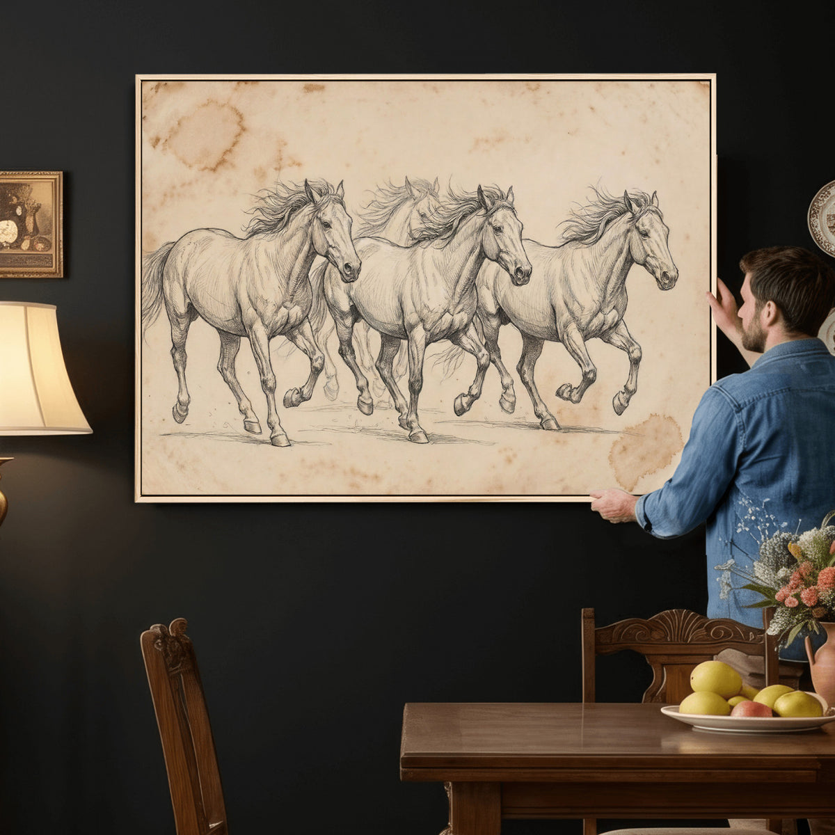 16644391-MGV-CV-36X24 - Vintage Horse Sketch Canvas Wall Art, Wild Horses Pencil Drawing Print, Antique Parchment Western Decor, Equine Sketching, Country Manor Gift