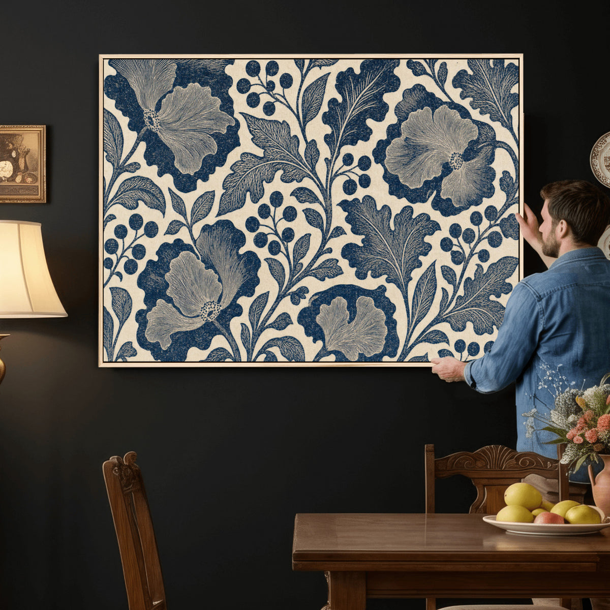 23824002-MGV-CV-36X24 - William Morris Style Navy Blue Floral Wall Art Canvas Print, Vintage Cream Botanical Painting Print