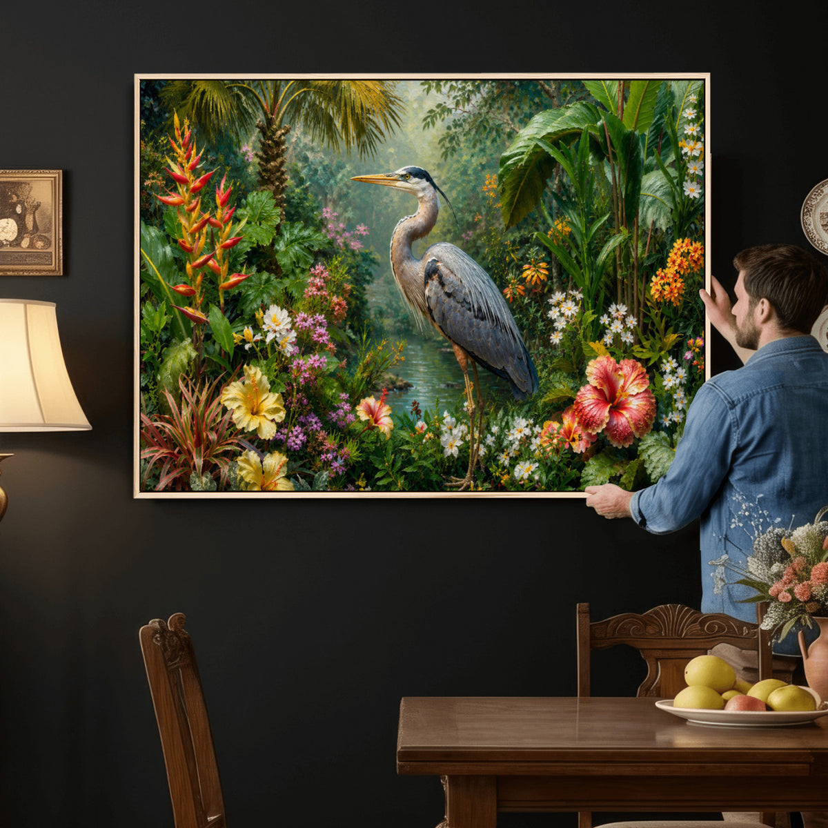 81059387-MGV-CV-36X24 - Great Blue Heron Tropical Jungle Wall Art Canvas Print, Exotic Botanical Garden Painting Print