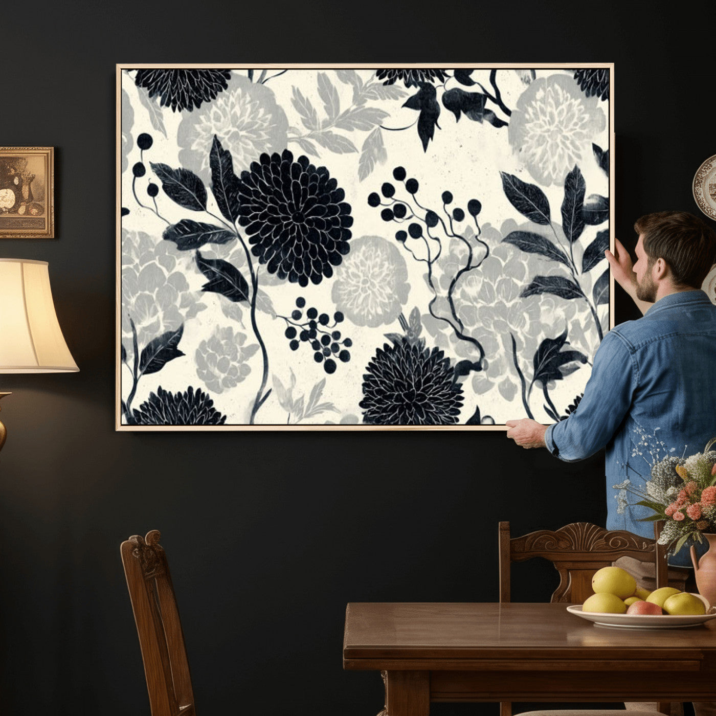 61524791-MGV-CV-36X24 - Vintage Black Chrysanthemum Wall Art Canvas Print, Monochrome Dhalia Floral Painting Print