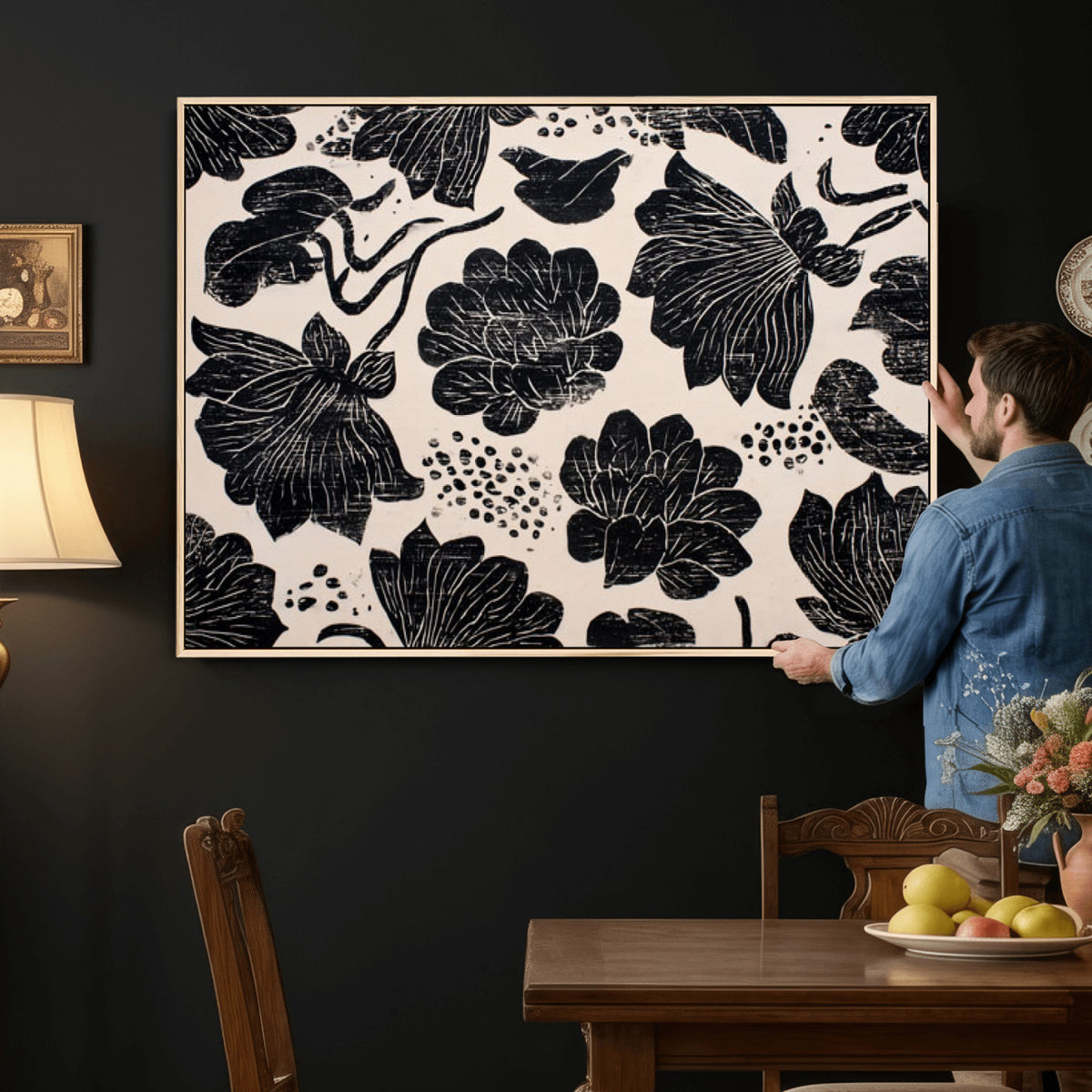 81787117-MGV-CV-36X24 - Linocut Black Lotus Floral Wall Art Canvas Print, Vintage Monochrome Botanical Painting Print