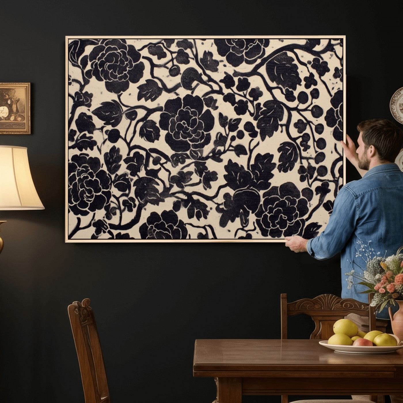 86696255-MGV-CV-36X24 - Vintage Black and Cream Floral Wall Art Canvas Print, Chinoiserie Botanical Painting Print
