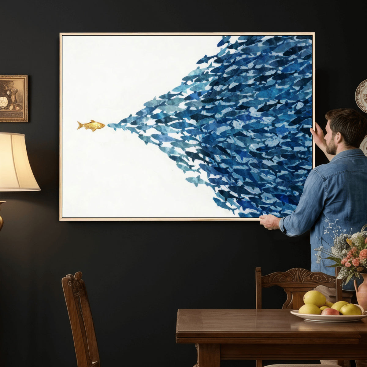 79089639-MGV-CV-36X24 - Abstract Blue Fish School Canvas Wall Art, Gold Foil Accent Marine Print