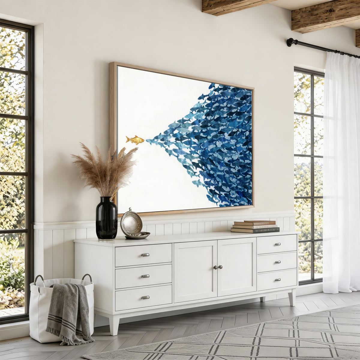 79089639-MGV-CV-36X24 - Abstract Blue Fish School Canvas Wall Art, Gold Foil Accent Marine Print