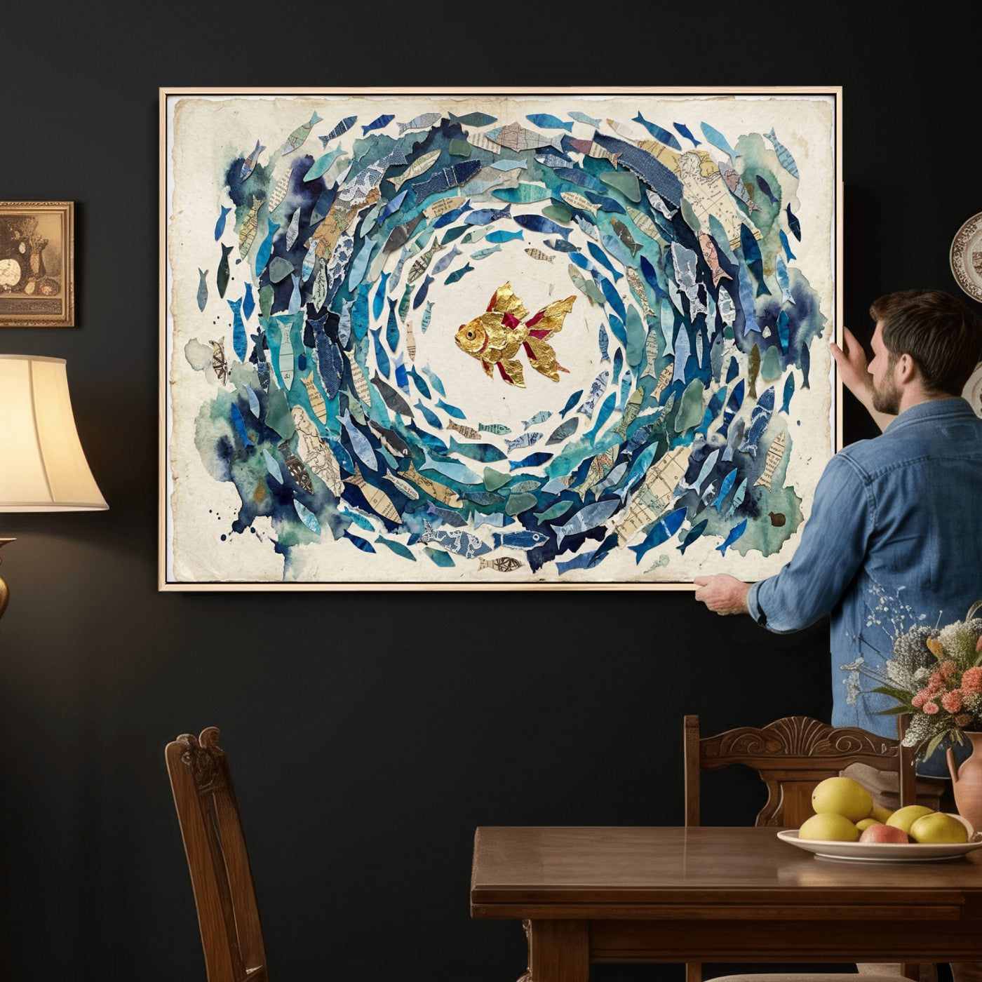 73165663-MGV-CV-36X24 - Mixed Media Blue Fish Swirl Canvas Wall Art, Goldfish Collage Ocean Print