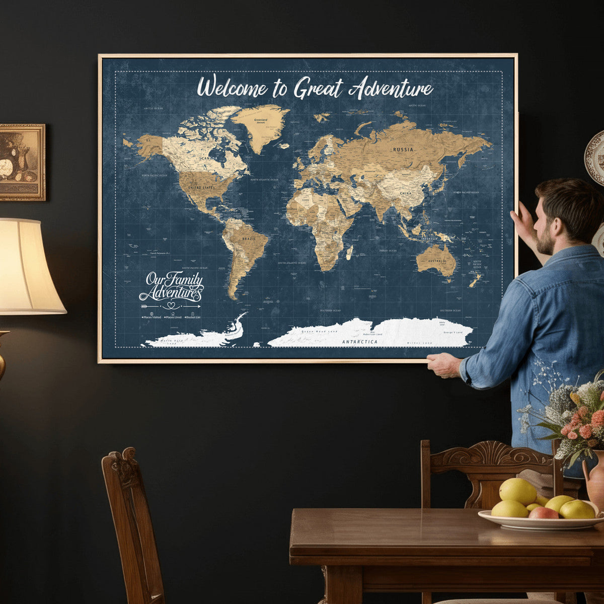 86877844-MGV-CV-36X24 - Our Family Adventures Push Pin World Map Wall Art Canvas Print - Family Travel Tracker Map with Pins