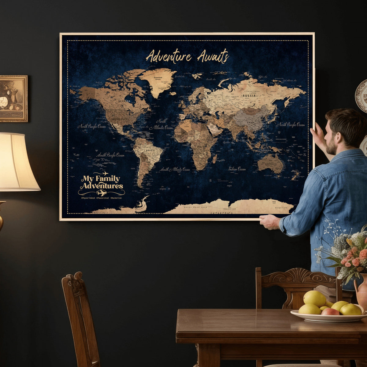 82827666-MGV-CV-36X24 - Our Family Adventures Push Pin World Map Wall Art Canvas Print - Family Travel Tracker Map with Pins