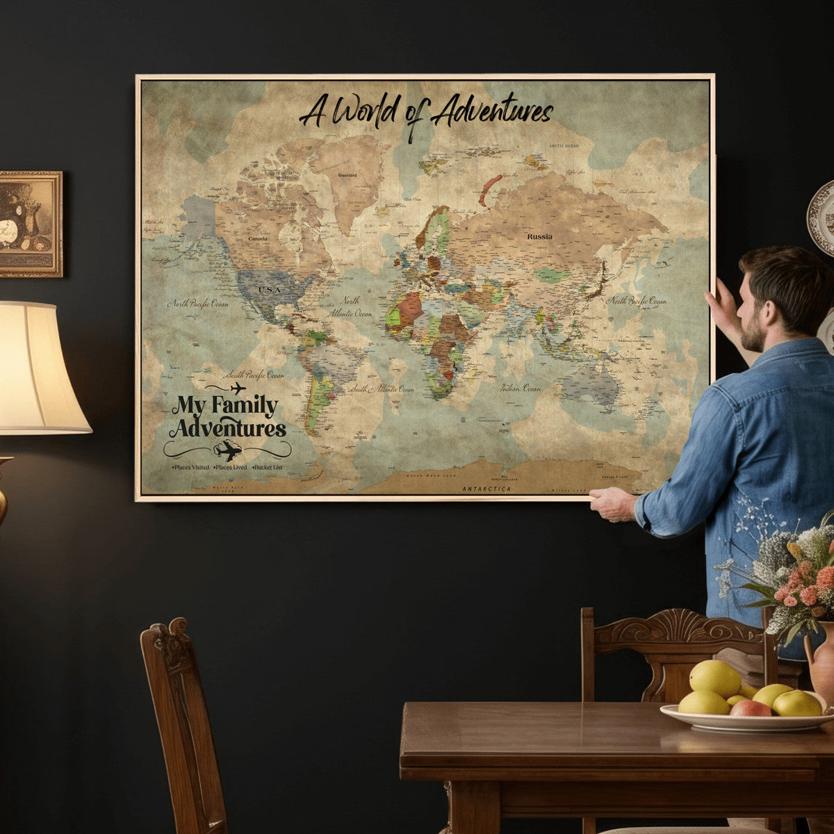 57377793-MGV-CV-36X24 - Our Family Adventures Push Pin World Map Wall Art Canvas Print - Family Travel Tracker Map with Pins