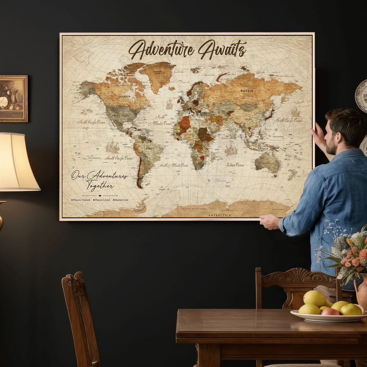 94237870-MGV-CV-36X24 - Our Family Adventures Push Pin World Map Wall Art Canvas Print - Family Travel Tracker Map with Pins