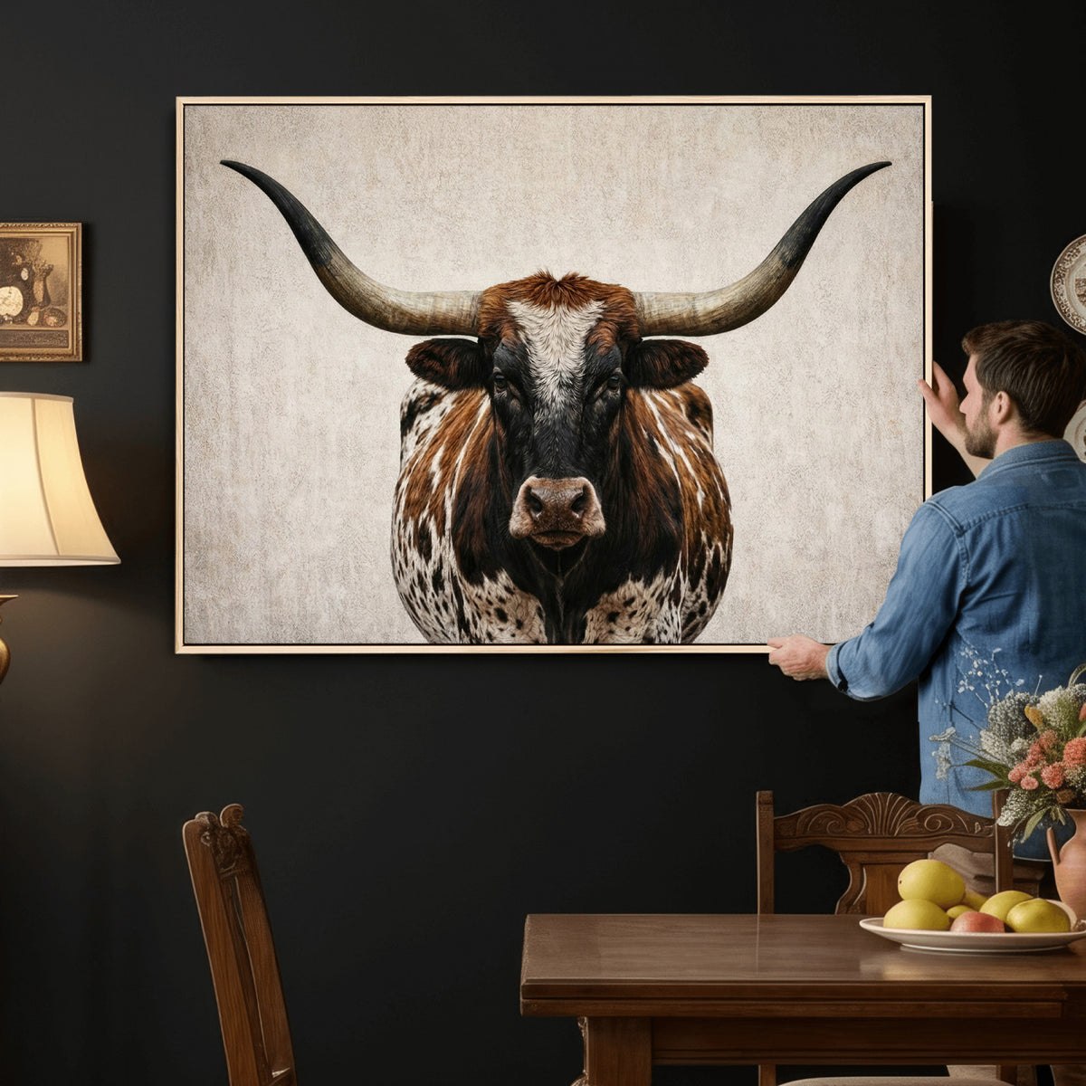 58622065-_Poster-30x20 - Texas Longhorn Canvas Wall Art, Western Bull in a Moody Grey Desert, Rustic Farmhouse Decor for Living Room