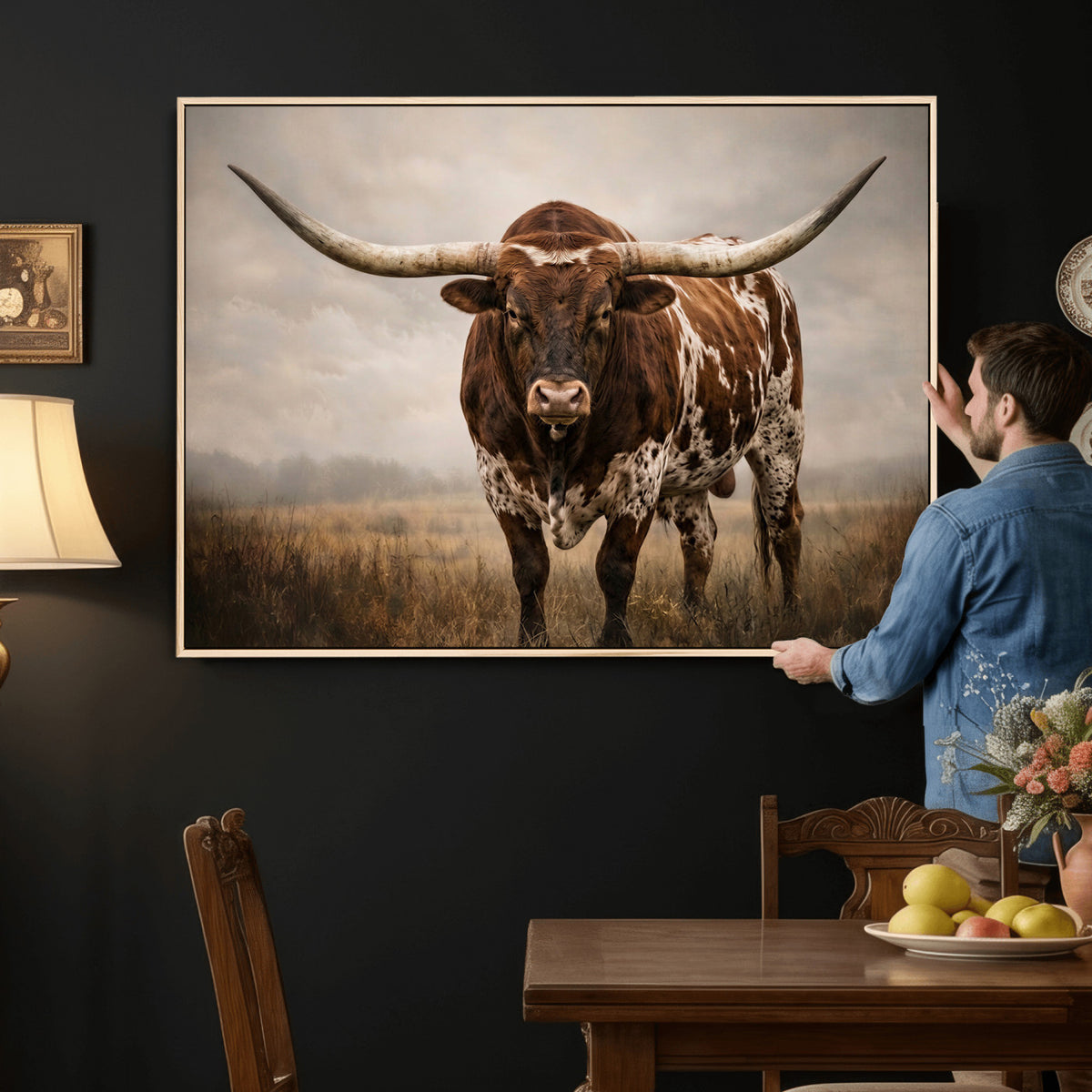25239047A-MGV-CV-36X24 - Texas Longhorn Canvas Wall Art Western Bull Desert Moody Grey Overcast Rustic Farmhouse Framed Large for Living Room Bedroom Office Decor