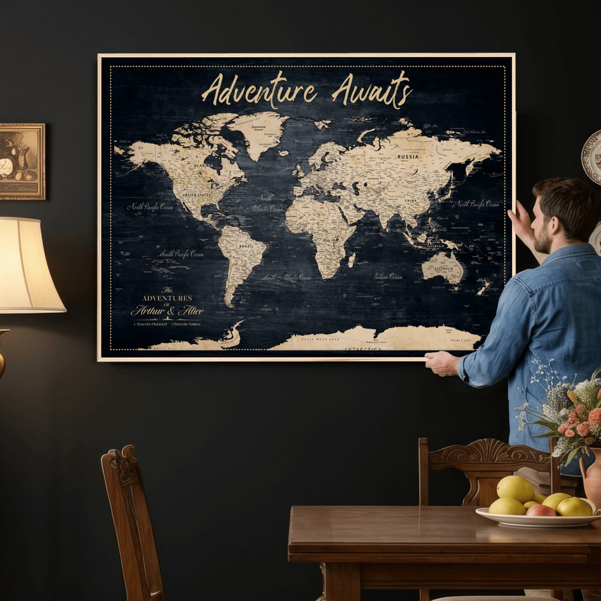 688173822-MGV-CV-36X24 - Extra Large Vintage Personalized Push Pin World Map Wall Art Canvas Print