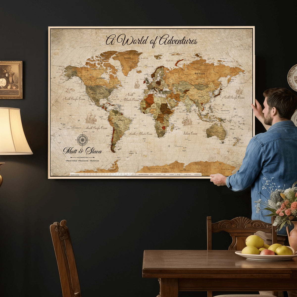 88768647-MGV-CV-36X24 - Extra Large Framed Personalize Push Pin World Map Wall Art Canvas Print for Travel Tracking