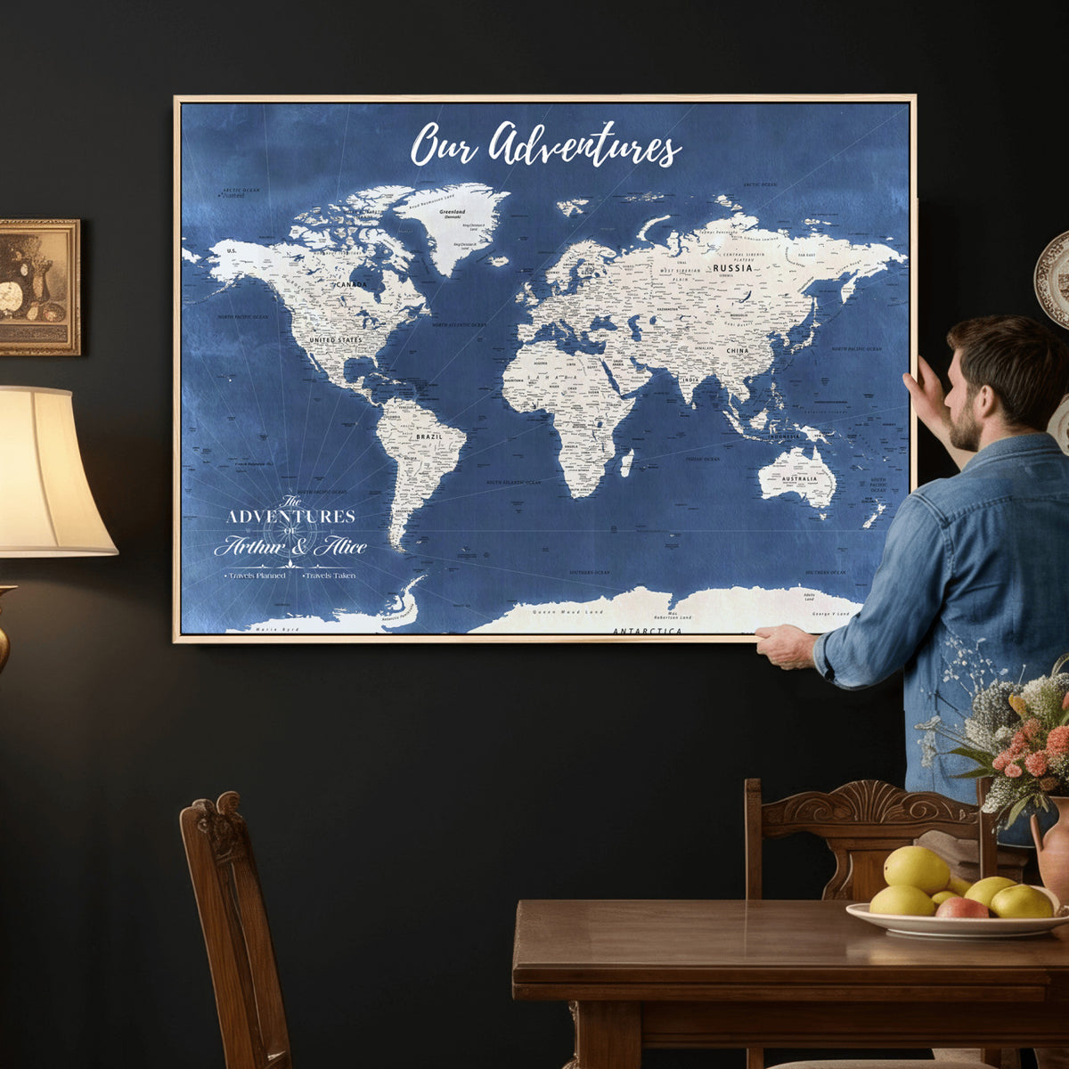75405527-MGV-CV-36X24 - Extra Large Framed Personalize Push Pin World Map Wall Art Canvas Print for Travel Tracking