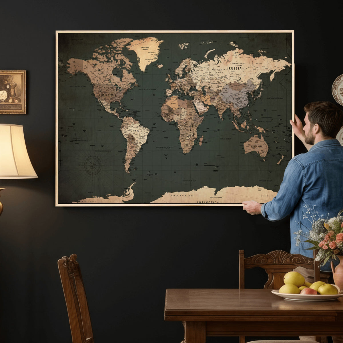 42327656-MGV-CV-36X24 - Extra Large Framed Personalize Push Pin World Map Wall Art Canvas Print for Travel Tracking