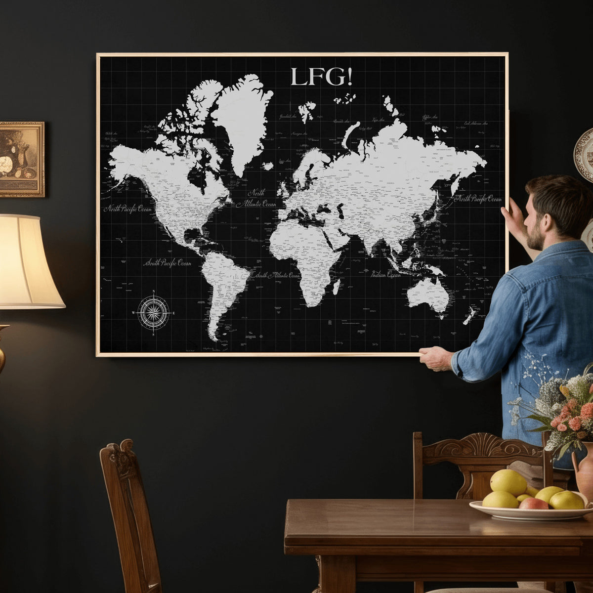 68209291-MGV-CV-36X24 - Extra Large Framed Personalize Push Pin World Map Wall Art Canvas Print for Travel Tracking