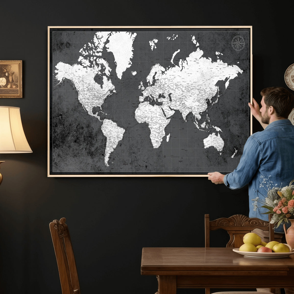 78574966-MGV-CV-36X24 - Extra Large Framed Personalize Push Pin World Map Wall Art Canvas Print for Travel Tracking