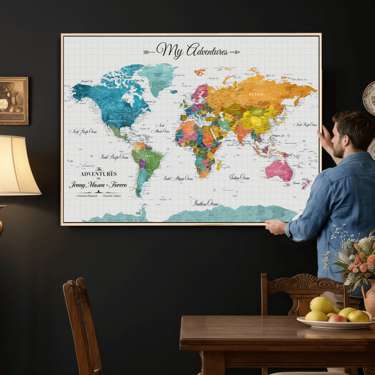66743043-MGV-CV-36X24 - Extra Large Framed Personalize Push Pin World Map Wall Art Canvas Print for Travel Tracking