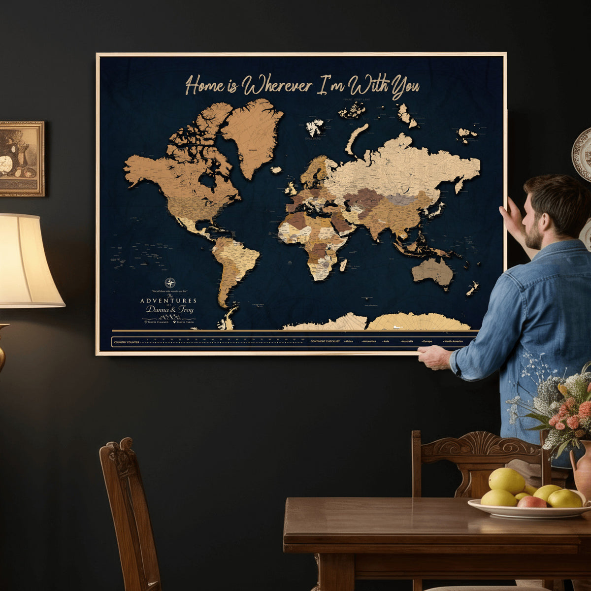 13903533-MGV-CV-36X24 - Extra Large Framed Personalize Push Pin World Map Wall Art Canvas Print for Travel Tracking