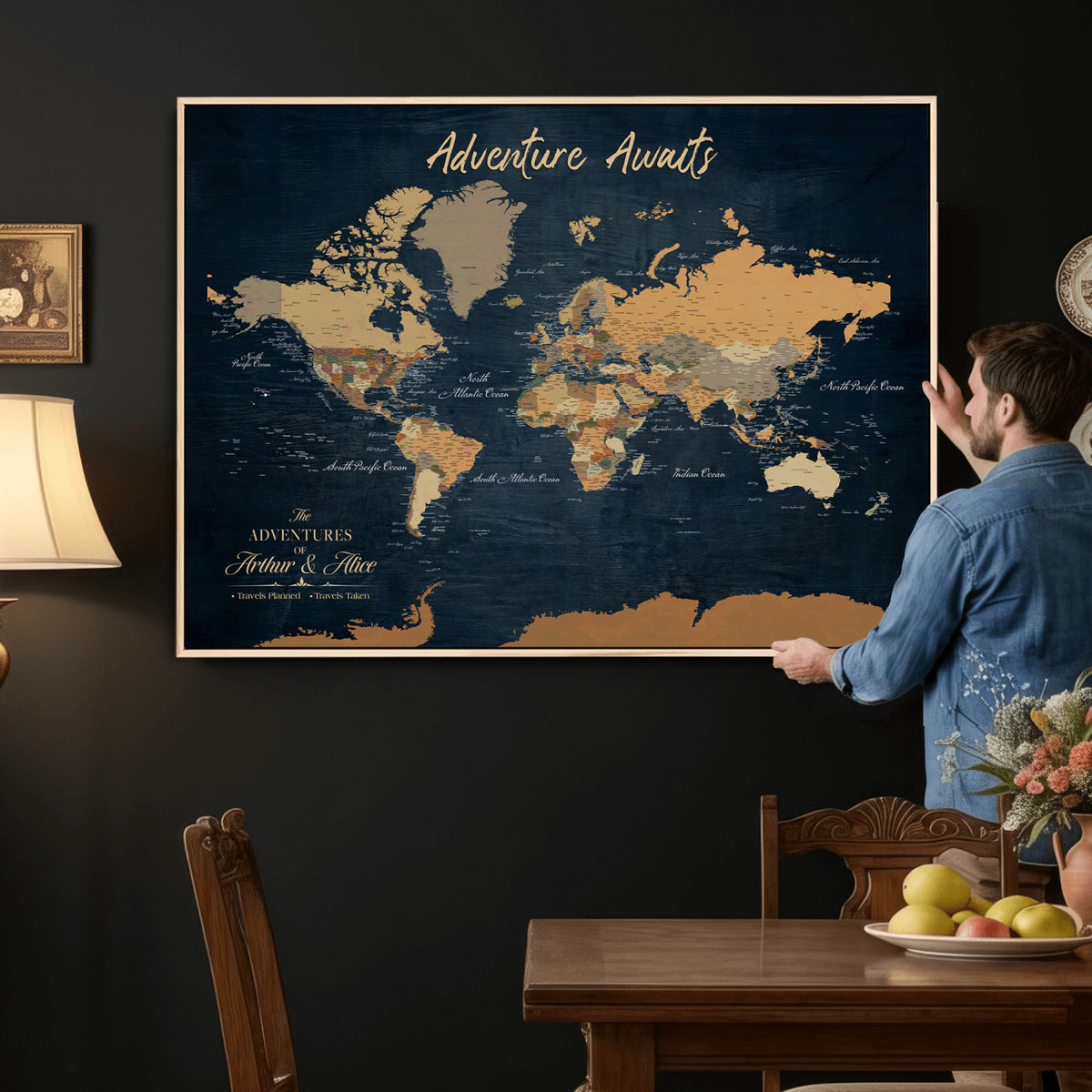 13350960-MGV-CV-36X24 - Extra Large Framed Personalize Push Pin World Map Wall Art Canvas Print for Travel Tracking