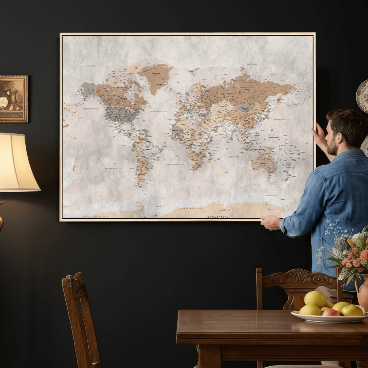 18074626DD-MGV-CV-36X24 - Extra Large Framed Personalize Push Pin World Map Wall Art Canvas Print for Travel Tracking NEWMAP - 009