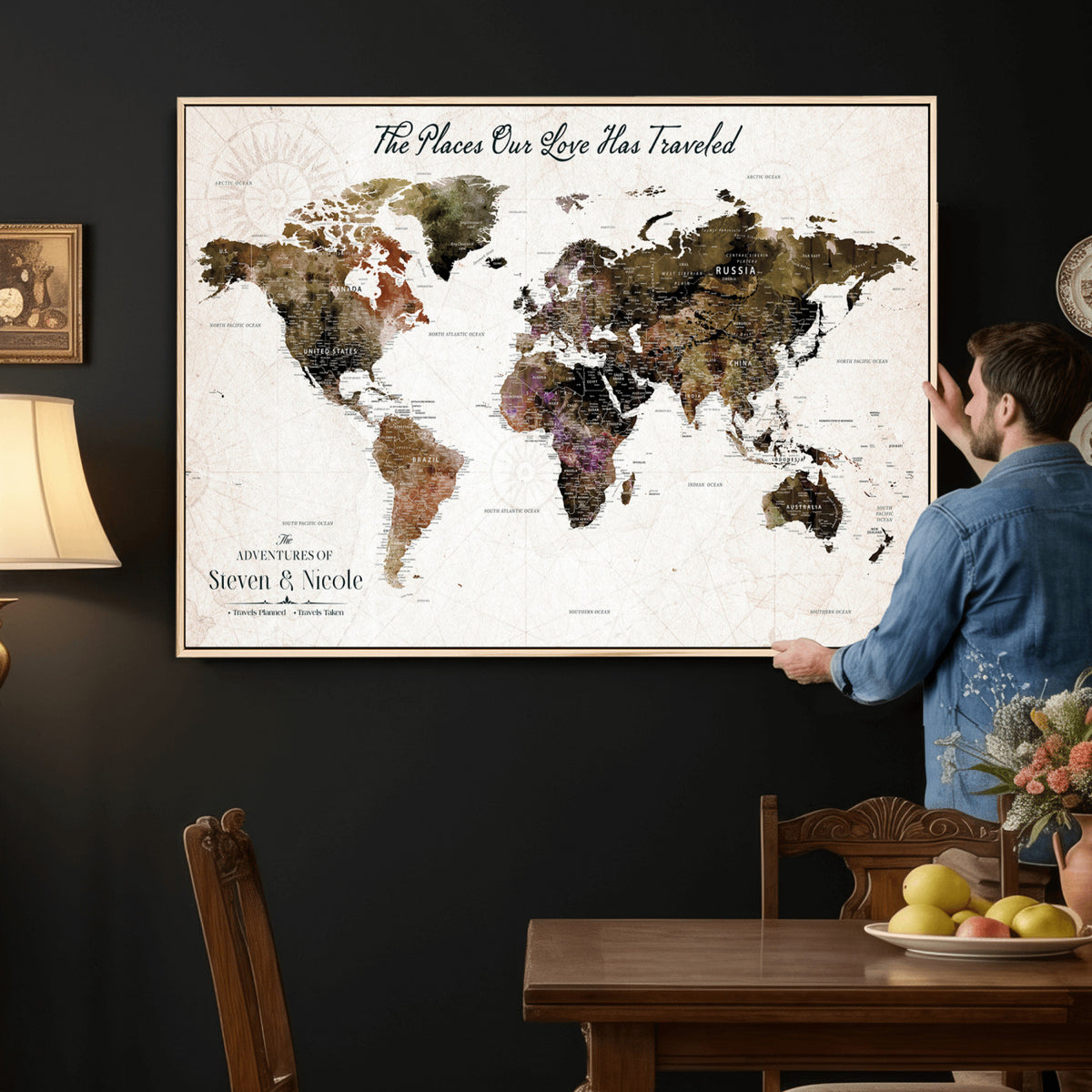 18074626D3D-MGV-CV-36X24 - Extra Large Framed Personalize Push Pin World Map Wall Art Canvas Print for Travel Tracking NEWMAP - 015