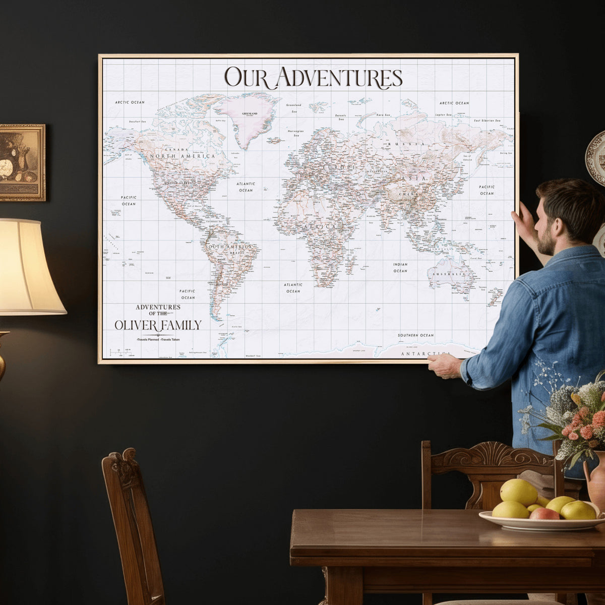 18074626D3DD-MGV-CV-36X24 - Extra Large Framed Personalize Push Pin World Map Wall Art Canvas Print for Travel Tracking NEWMAP - 015
