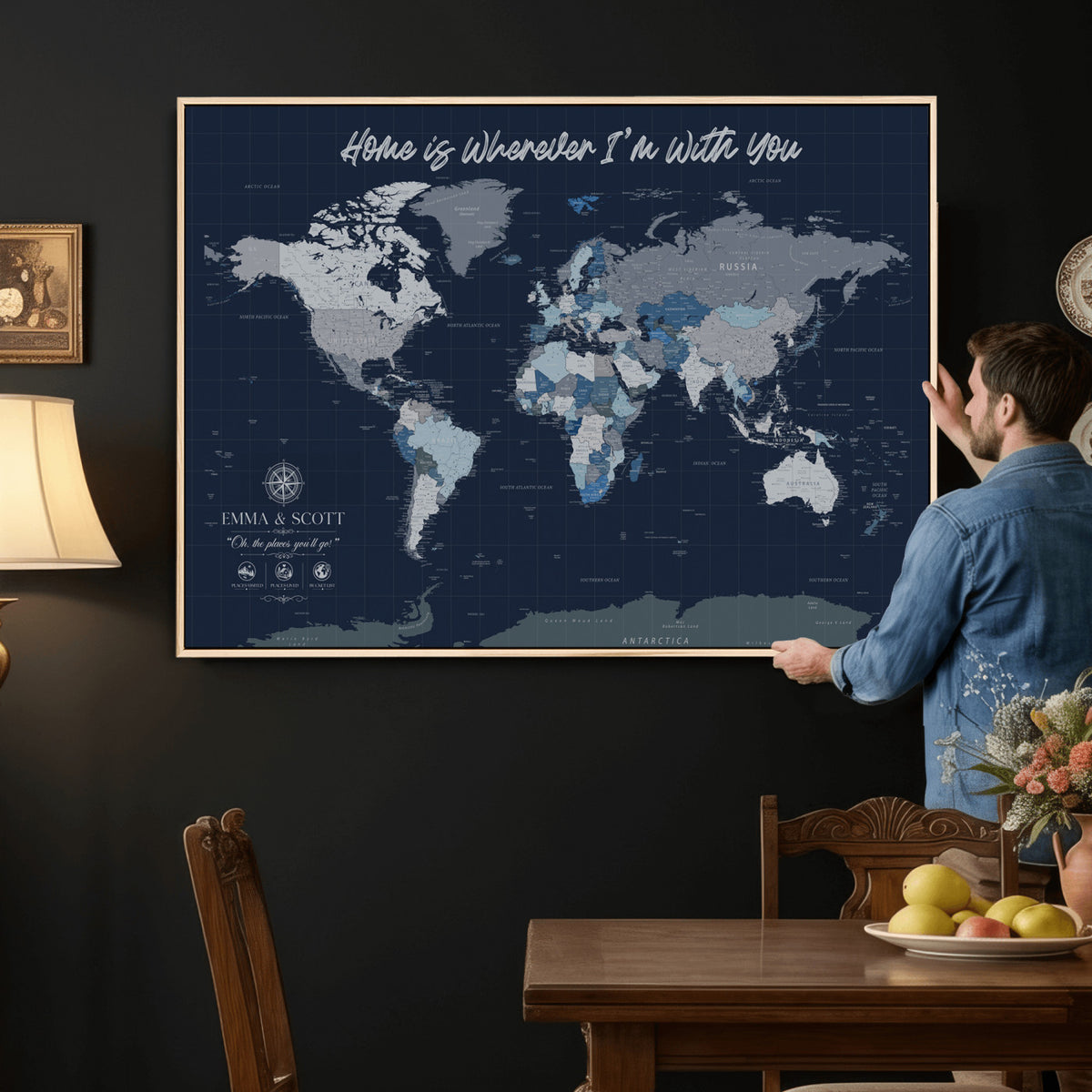 17712680D-MGV-CV-36X24 - World Map Wall Art Canvas Print, Modern Decorative Framed Map Artwork Prints for Living Room, Office, Bedroom Wall Decor