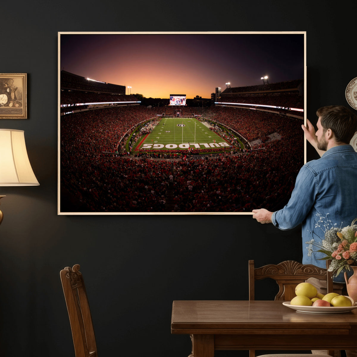 97720998-_Poster-30x20 - Georgia Bulldogs Stadium Sunset Canvas Print 3 Piece Framed Wall Art Extra Large Floating Frame Sports Poster Made in USA