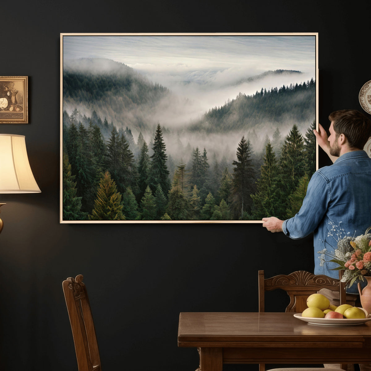 38409495-_Poster-30x20 - Misty Pine Valley Mountain Canvas Print 3 Piece Framed Wall Art Extra Large Floating Frame Nature Poster Made in USA