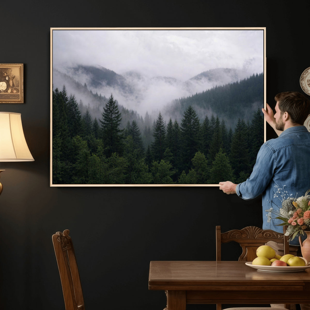 25432119-_Poster-30x20 - Misty Mountain Pine Forest Canvas Print 3 Piece Framed Wall Art Extra Large Floating Frame Nature Poster Made in USA
