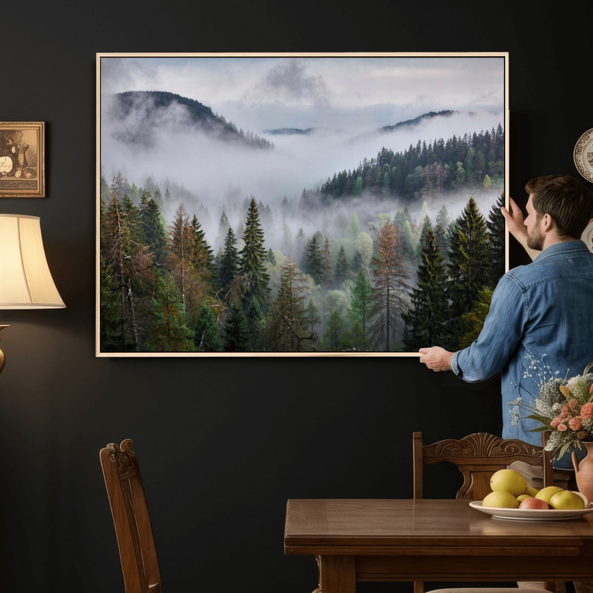 18735847-_Poster-30x20 - Foggy Pine Forest Mountain Canvas Print 3 Piece Framed Wall Art Extra Large Floating Frame Nature Poster Made in USA