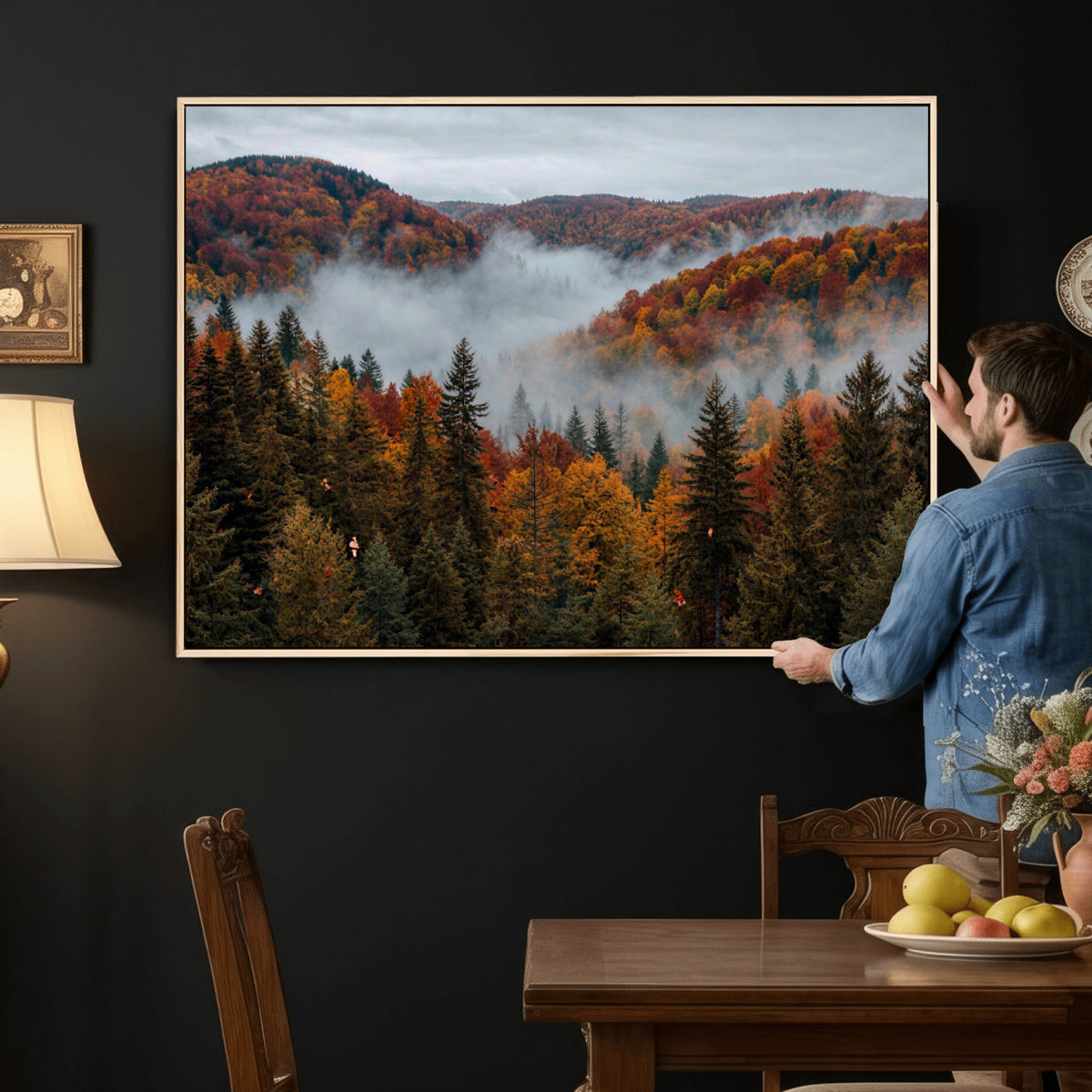 26686263-_Poster-30x20 - Misty Autumn Forest Mountain Canvas Print 3 Panel Wall Art Gallery Wrapped Floating Frame Poster Made in USA