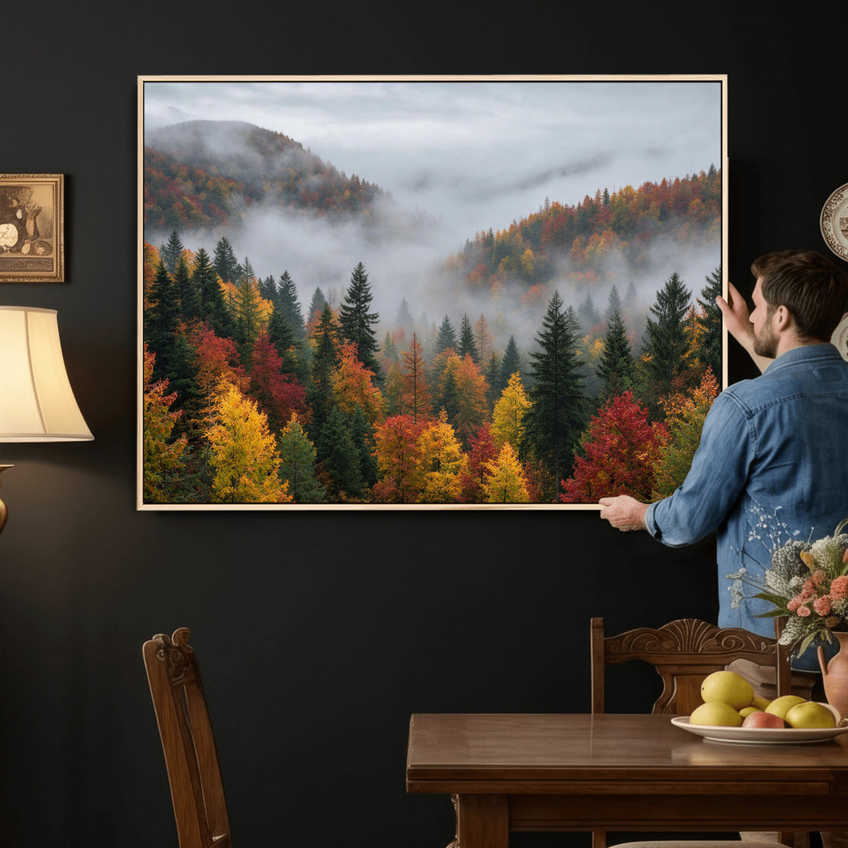 47877083-_Poster-30x20 - Fall Forest Misty Mountain Canvas Print Smoky Mountain Landscape Wall Art Autumn Trees Nature Poster Printing