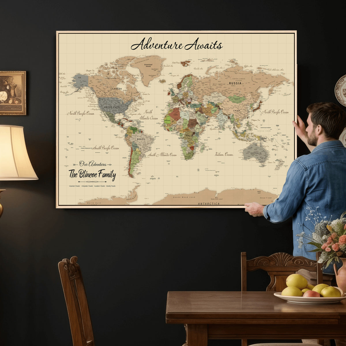 25730261D-MGV-CV-36X24 - Custom Push Pin World Map Wall Art Canvas Print | Personalized Travel Tracker with Pins Framed Large for Home and Office Decor