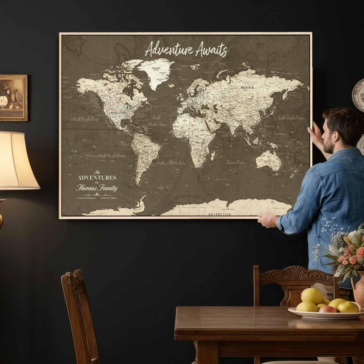 27762875D-MGV-CV-36X24 - Custom Push Pin World Map Wall Art Canvas Print | Personalized Travel Tracker with Pins Framed Large for Home and Office Decor