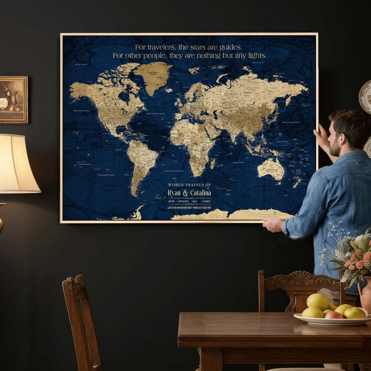 71667510D-MGV-CV-36X24 - Custom Push Pin World Map Wall Art Canvas Print | Personalized Travel Tracker with Pins Framed Large for Home and Office Decor
