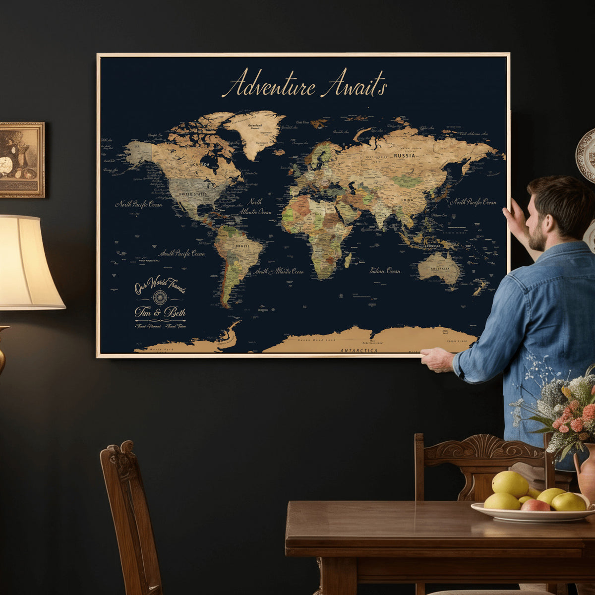 45739634D-MGV-CV-36X24 - Custom Push Pin World Map Wall Art Canvas Print | Personalized Travel Tracker with Pins Framed Large for Home and Office Decor