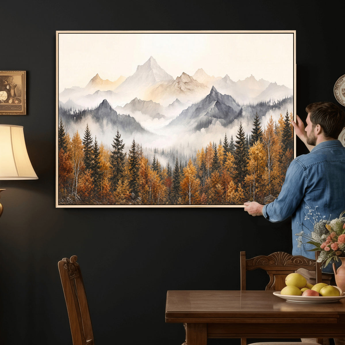 19544118-MGV-TP-30X20 - Misty Mountain Autumn Forest Canvas Wall Art - Watercolor Fall Nature Landscape Print