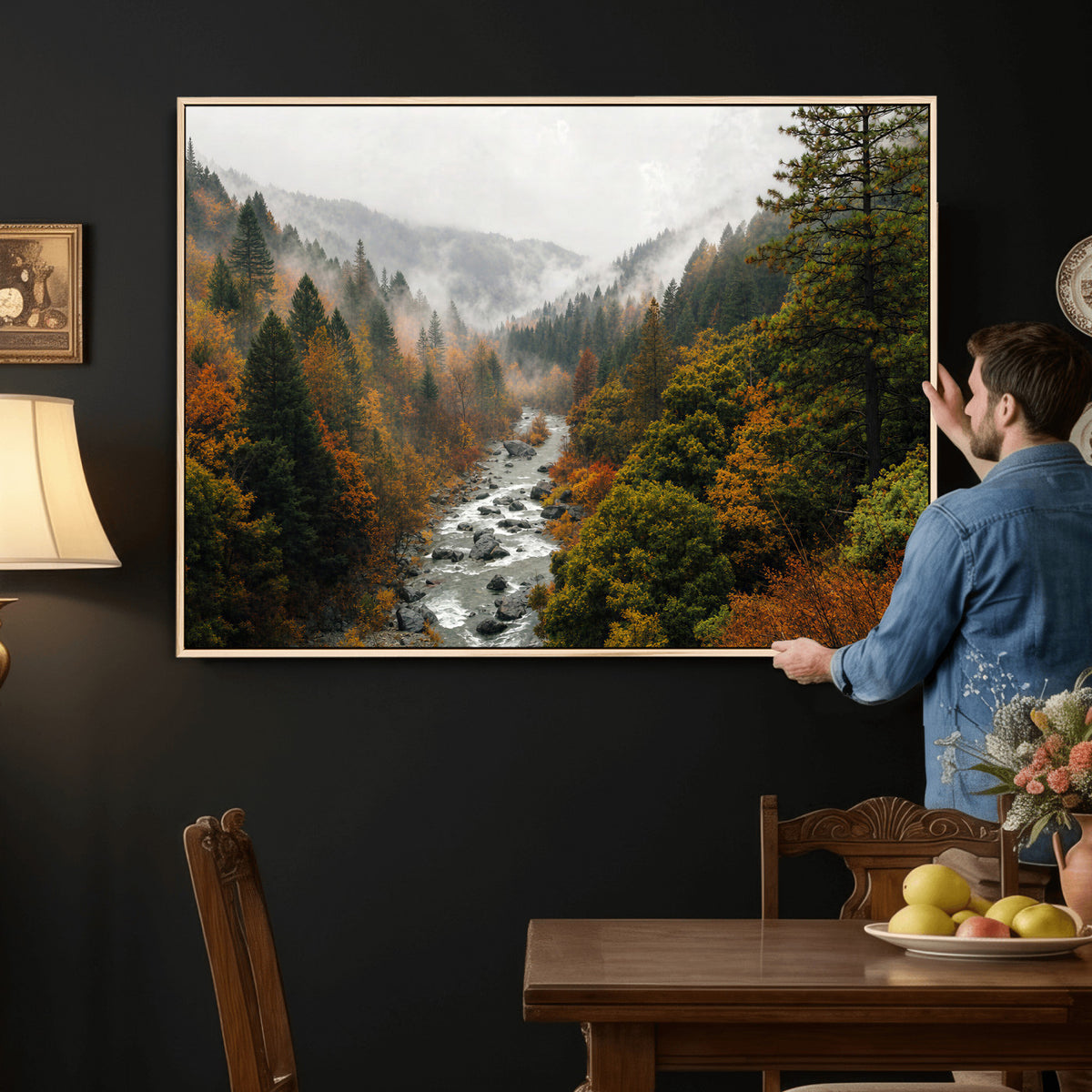 95540697-MGV-TP-30X20 - Misty River Mountain Valley Canvas Wall Art - Autumn Forest Landscape Nature Print